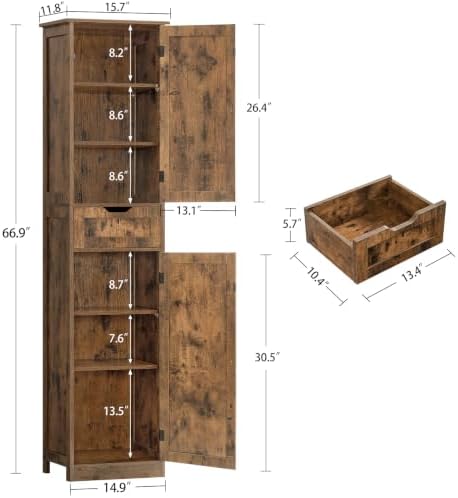 Iwell 66.9" Tall Bathroom Storage Cabinet with 2 Doors & 1 Drawer - Image 3
