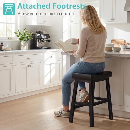 WINAZ Modern Backless Bar Stools Set of 2, 24 Inch Counter Height Stools with Footrest, Matte Finish Metal Legs, Padded Faux Leather Kitchen Island Chairs, Space Saving Stationary Design, Black - Image 5
