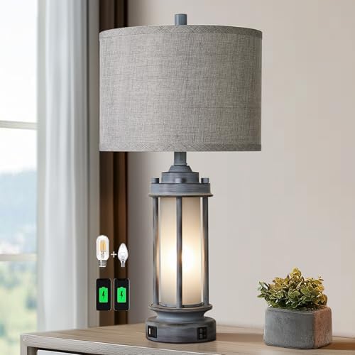 AIEAMPDO 25" Rustic Farmhouse Nightstand Lamp with 2 USB C+A Ports by AIEAMPDO