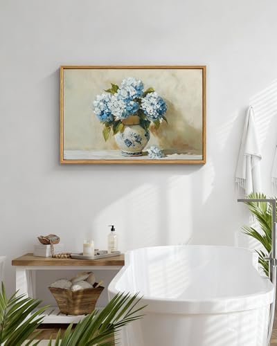 InSimSea Framed Canvas Art Hand-Painted Vintage Blue Hydrangea Art,16x24inch, Textured Floral Paintings Artwork Wall Decor for Living Dining Room Hallway, Classical Still Life Farmhouse Picture - Image 6