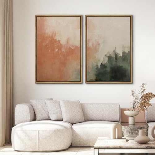SIGNWIN Framed Canvas Print Wall Art Set Color Fade Abstract Landscape Earthy Terracotta and Forest Green Illustrations Modern Minimal Decorative for Living Room, Bedroom, Office - 24""x36""x2 Natural - Image 2
