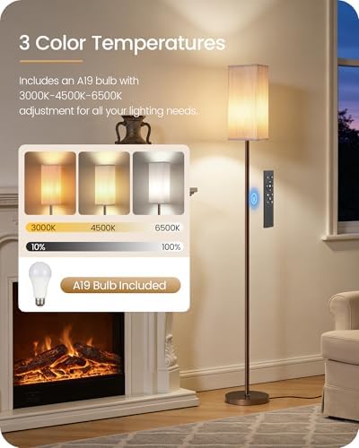 64.2'' Dimmable Floor Lamp for Living Room with Remote and Foot Switch, Corner Floor Lamp for Bedroom, Includes 10W A19 Bulb, Modern Standing Tall Lamp, ETL Listed, Brown and White VCW17LD05 - Image 3