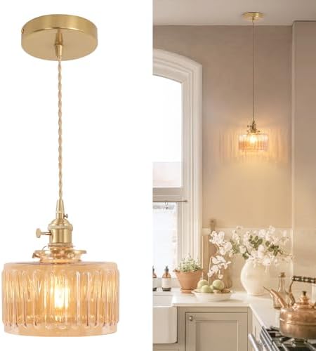 Shenmoyl Pendant Light with Amber Striped Glass Lmapshade, Brass Vintage Pendant Light Adjustable Hanging Light for Kitchen Island Dining Room Hallway by Shenmoyl