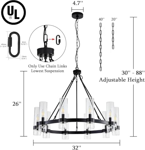 32 Inch Black Wagon Wheel Chandelier with Glass Shade, 10 Lights, Modern Farmhouse Style, Ideal for Dining Room, Kitchen, Entryways - Image 5