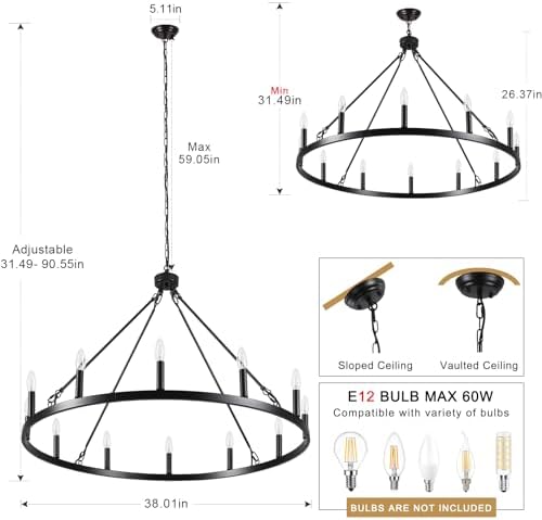 Wagon Wheel Chandelier 12 Light 38" Large Black Farmhouse Chandelier for Dining Room Rustic Country Pendant Light Fixtures Hanging Modern Round Chandeliers for Living Room High Ceilings Foyer Entryway - Image 6