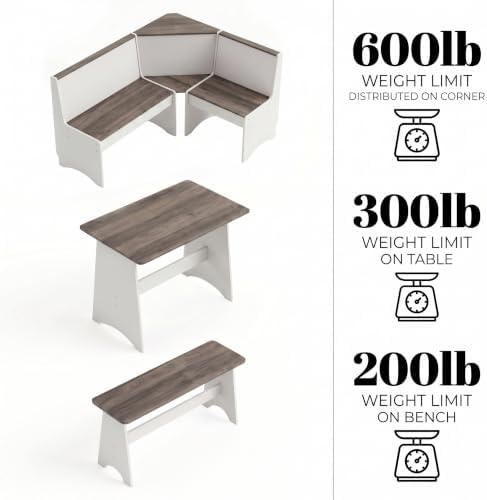 Farmhouse Breakfast Nook Table Set with L-Shaped Corner Bench & Hidden Storage – Space-Saving Dining Set for Small Kitchens, Reversible Bench Seating 3-4, Easy-Clean Waterproof Laminate (White + Gray) - Image 3