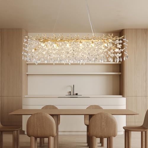 47.2" Modern Crystal Chandelier, 14-Light Gold Tree Branch Chandelier for Dining Room, Luxury Rectangular K9 Crystal Raindrop Chandeliers Light Fixture for Kitchen Island, Living Room, Foyer, Bedroom by YUYILIGHTING