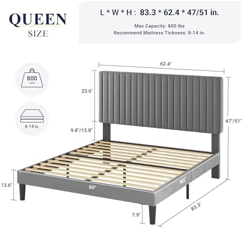Allewie Queen Bed Frame, Velvet Upholstered Platform Bed with Adjustable Vertical Channel Tufted Headboard, Mattress Foundation with Strong Wooden Slats, Box Spring Optional, Easy Assembly, Grey - Image 2
