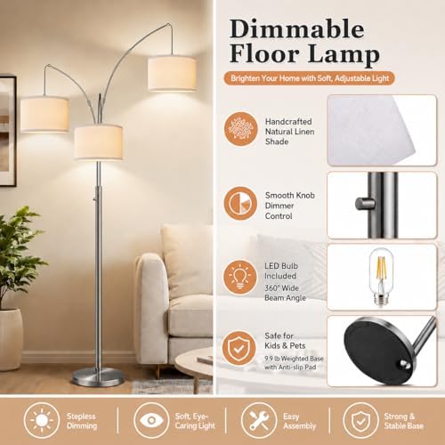 Nintiue Dimmable Floor Lamp - 3 Lights Brushed Nickel Arc Floor Lamps for Living Room,1000LM Modern Tall Standing Lamp with White Shades,Mid Century Tree Floor Lamp for Bedroom,3 LED Bulbs Included - Image 3