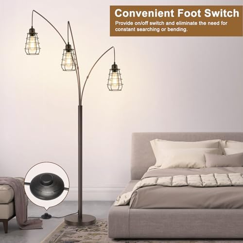 Industrial Floor Lamp, 3 Light Arc Floor Lamps for Living Room, 76 Inch Tall Standing Lamp with Metal Cage Shades & Foot Switch, Vintage Floor Lamp for Bedroom, Office, Corner, Bronze - Image 5