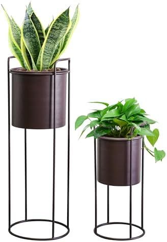 TRIROCKS Set of 2 Tall Metal Planters with Stands Metal Planter for Indoor Plants 28 &18" H Plant Pots for Living Room Corner Kitchen Office Garden Balcony Patio Decor(Brown) by TRIROCKS