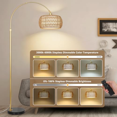 Gold Floor Lamps for Living Room, Arc Floor Lamp with Remote & Dimmable Bulb, Boho Rattan Standing lamp with 3 Color Temperatures, Height Adjustable Tall Lamp for Bedroom, Over Couch Reading Lamp - Image 2
