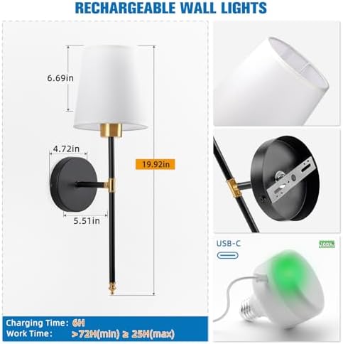 NIORSUN 19.9 inch Battery Operated Wall Sconce Set of 2,Gold-Black Rechargeable Wall Lights with 10400mAh Dimmable Detachable Bulbs and Remote, Wireless Sconces for Bedroom Living Room Hallway - Image 6