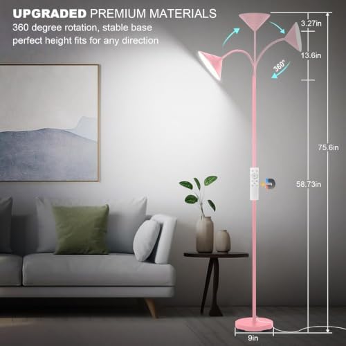 Yikuneng Dimmable LED Floor Lamp, Super Bright Reading Lamps Floor Standing lamp with Remote & Touch Control, Stepless Dimming & 2700K-6500K Color Temperature, for Living Room Bedroom Office, Pink - Image 3