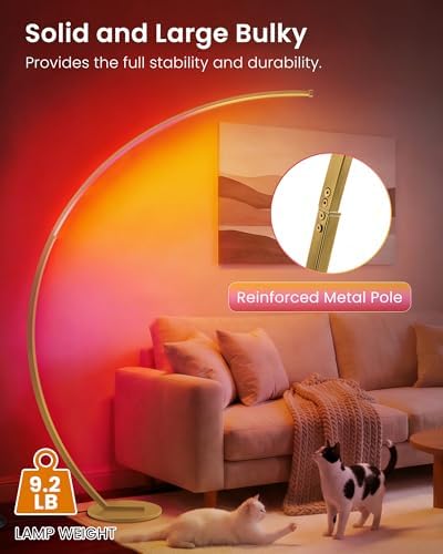 75" RGBW Gold Corner Lamp, Dimmable Arc Floor Lamp with Remote, Curved Lamp - Image 6