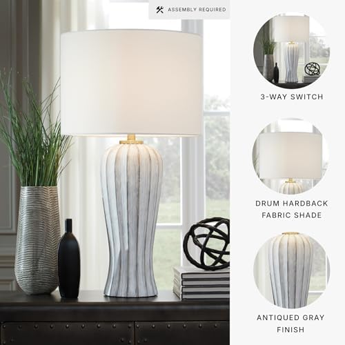Signature Design by Ashley Lanwell Table Lamp, Tall 32" Antique Gray Fluted Base, Transitional Style Cotton Drum Shade for Living Room and Bedroom Nightstand, 3-Way Switch, 150W Max - Image 3