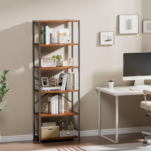 Furologee 6 Tier Bookshelf, Wide Metal Bookcase, Rustic Brown - Image 5