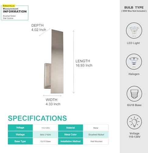 Edwarmlux Indoor Wall Sconces, Modern Wall Lights, Up and Down Wall Mount Light, Dimmable Hardwired Wall Light for Bedroom, Living Room, Hallway, GU10 Bulbs Excluded (Brushed Nickel) - Image 5