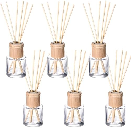Roshtia 6 Set Reed Diffuser Bottle Empty Refillable Fragrance Glass Diffuser Bottles Set with Wooden Caps Sticks 50ml 1.7 oz Round Glass Jars for DIY Fragrance by Roshtia