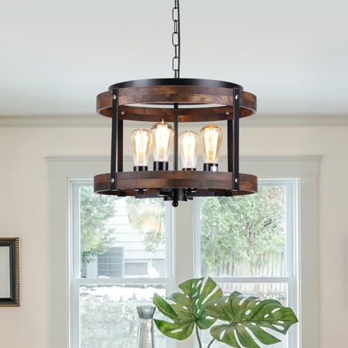4-Light Large Rustic Farmhouse Wood Pendant Light Fixture with Adjustable Chain, 16.5 inch Oak Wood Drum Chandelier for Dining Room Kitchen Island Farmhouse Living Room Hallway, Black by Unknown