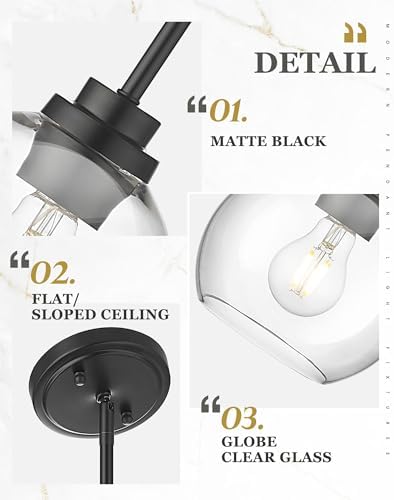 Pendant Lights Kitchen Island, 7" Modern Black Hanging Lights Fixtures with Clear Glass Globe Shade, Kitchen Island Lighting for Bathroom, AD-22280-1P-BK-C - Image 3
