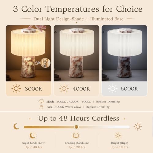 WMK Marble Lamp Cordless, Rechargeable Marble Touch Lamp with 3 Color, Pleated Fabric Lampshade Stepless Dimming, Luxury Natural Calacatta Viola Stone Table Lamp for Bedroom, Living Room (Dual Light) - Image 4