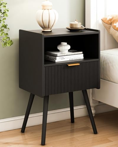 JOONEE Black Nightstand,Modern Bedside Table with Storage Drawer and Open Wood Shelf, for Living Room, Bedroom and Small Spaces, Accent Night Stand with Solid Wood Legs, Easy Assembly,Classic Black by JOONEE