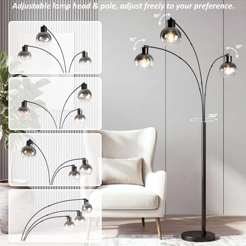 QiMH 3 Lights Floor Lamps for Living Room, 72" Tall Lamp with Gray Glass Shade, Large Tree Floor Lamp with Foot Switch, Modern Arch Floor Lamp for Bedroom Office, Black, 2700K Bulbs Included - Image 2