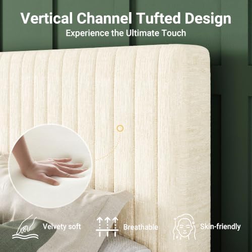 Allewie Full Bed Frame, Upholstered Platform Bed with Adjustable Vertical Channel Tufted Headboard, Mattress Foundation with Strong Wooden Slats, Box Spring Optional, Easy Assembly, Chenille White - Image 4