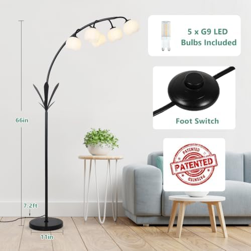 HMVPL Black Floor Lamp for Living Room, Flower Floor Lamp with 5 G9 LED Bulbs, Foot Switch, Arc Standing Lamp with Acrylic Shade,Marble Base, Cute Tall Lamp for Living Room Corner Bedroom Reading Home - Image 2