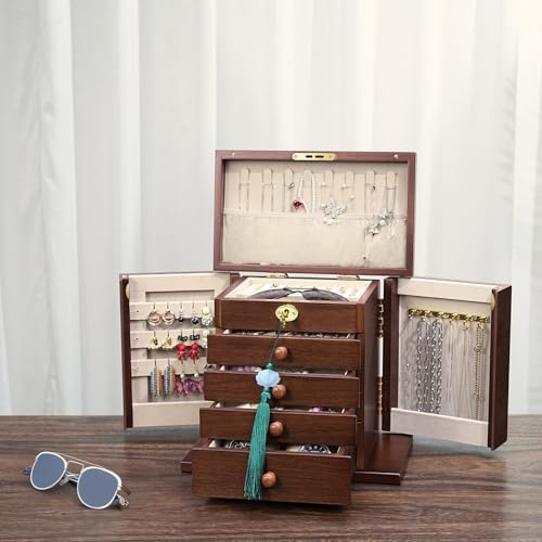 Solid Wood Jewelry Box with Lock - 8-Layer Organizer for Women, Walnut - Image 6