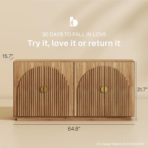 BELLEZE Set of 2 Fluted Buffet Cabinet with Storage, 65 Inch Symmetrical Arc Accent Sideboard Large Console for Kitchen, and Living Room (Caramel Brown) - Image 2