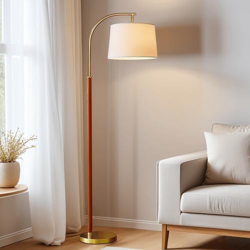 65” Walnut Gold Arc Floor Lamp for Living Room, 1200 Lumens 3-Level Brightness Mid Century Modern Floor Lamp for Bedroom, Wood Vintage Gold Standing Lamp, Adjustable Lampshade, LED Bulb Included by FINNCHY