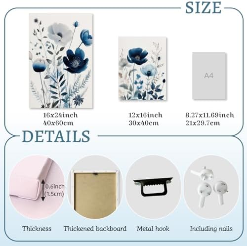LLEEMPI Framed Navy Blue Floral Wall Art Set of 3, 12x16 Inch Canvas Prints - Image 7