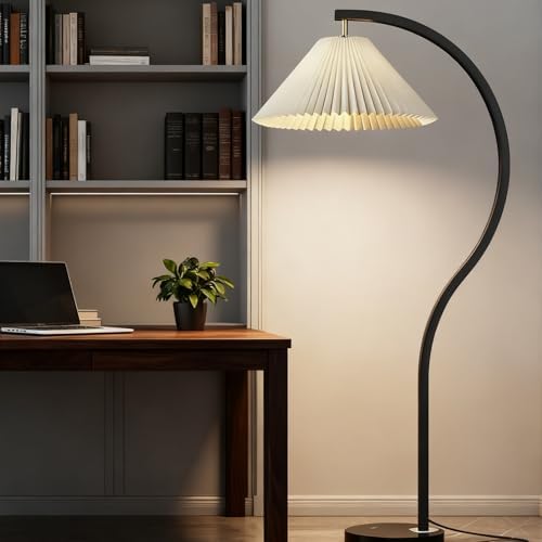 MIXL-Modern Black Arc Floor Lamp,1-Lights Curved Standing Lamp with Rotatable Pleated Fabric Shade,3-Colors Dimmable Bedroom Floor Lights, Indoor Arched Standing Light for Living Room Corner Office - Image 2