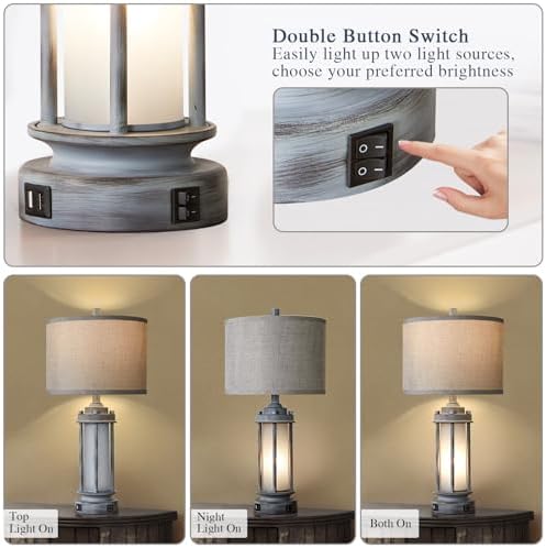 AIEAMPDO 25" Rustic Farmhouse Nightstand Lamp with 2 USB C+A Ports - Image 2