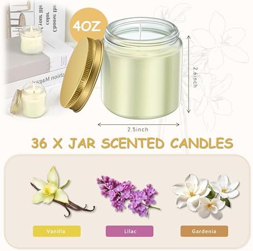 ACITHGL 36 Pcs 4oz Mini Mason Jar Candles Small Scented Candles Bulk Aromatherapy Ideal Souvenir Favors for Wedding Birthday Party (Vanilla, Lilac, Gardenia, Gold) - Image 2