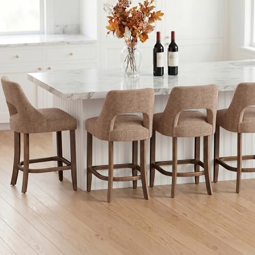 UVV Bar Stools Set of 6, Upholstered Counter Height Bar Stools, Modern Counter Stools with Wood Legs for Kitchen Island Dining Room Bar, Khaki - Image 4