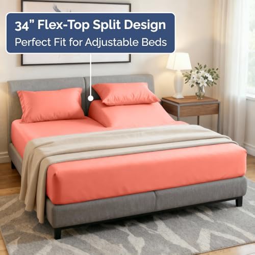 Flex Top Split Head King 4 Piece Sheet Set - Ultra-Soft, Breathable - Coral - Image 4