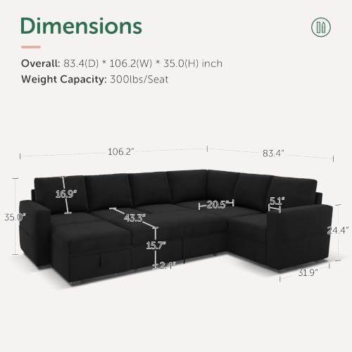HONBAY Sectional Sleeper Couch with Pull Out Bed, U Shaped Sectional Sofa with Storage, Modular Velvet Sectional Couches for Living Room, Black - Image 2