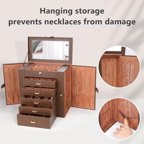 Kendal Extra Large Jewelry Box Jewelry Case PU Leather 6 Tier 5 Drawers Large Storage Capacity with Mirror Jewelry Storage Organizer Great Gift Also Good For Watches LJC-SHD5BN (Brown) - Image 5