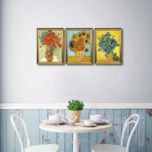 Wieco Art Framed 3 Panels Wall Art of Vincent Van Gogh Paintings Red Poppies and Daisies Sunflower Irises in Vase Canvas Prints for Wall and Home Decorations Bronze Gold Frame - Image 2