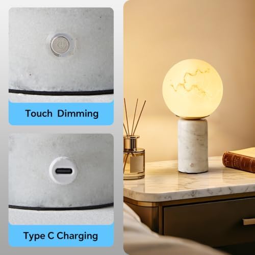 Natural Carrara White Table Lamp Cordless Rechargeable Marble Touch Night Light with Glass Shade 3 Color Adjustable LED Dimmable Ambient Lighting for Bedroom Living Room Desk Shelf - Image 7