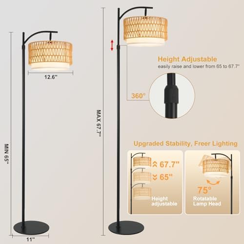 Rustic Black Farmhouse Floor Lamp with Woven Rattan Shade - 12W LED, Remote & Dimmable 3-Color Temp, Tall Standing Lamp for Living Room - Image 5