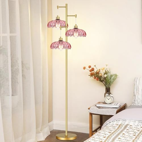 QIYIZM Pink Floor Lamp for Living Room,Bedroom,Gold Mid Century Modern Standing Lamp Brass Tree 3 Light Tall Floor Lamps Vintage Retro Floor Lights Glass Flower Lamp Shade Farmhouse Boho Bohemian - Image 6