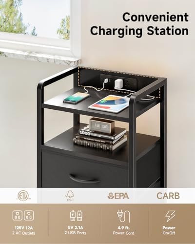 Lazzanto Nightstand with Rear Charging Station, LED Light, 2 Drawers, Black - Image 5
