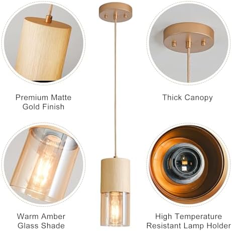 3-Pack Gold Pendant Light Fixtures, Adjustable Modern Pendant Lights for Kitchen Island, Industrial Amber Glass Pendant Lights for Dining Table Hallway Bedroom Living Room - Image 3