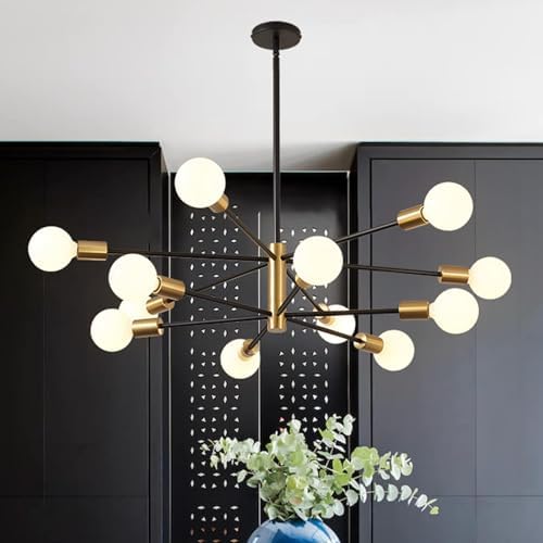 RUIYEY Modern Chandelier Ceiling Light Fixture - 33.4" 12-Light Gold and Black Sputnik Chandeliers, Height Adjustable Industrial Farmhouse Pendant Lighting for Dining Room, Living Room, Kitchen Island by RUIYEY