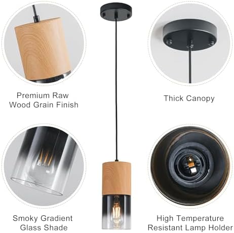 3-Pack Modern Pendant Lights for Kitchen Island, Adjustable Black Pendant Light Fixtures with Raw Wood Grain, Industrial Glass Pendant Lights for Dining Table Hallway Bedroom Living Room - Image 4