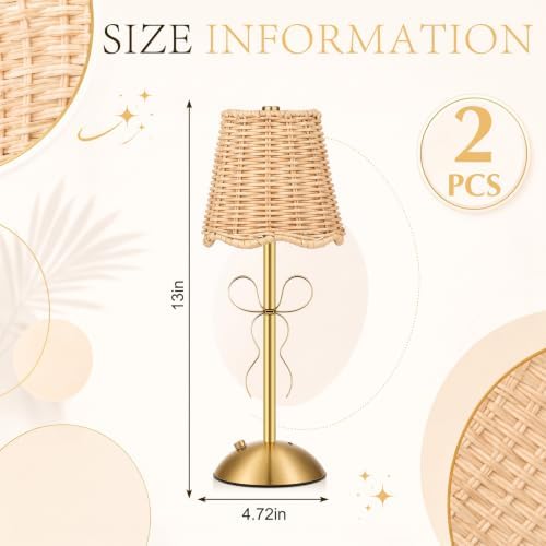 12 Inch Rattan Cordless Table Lamp, Bow, Gold, 2 Pack - Image 2